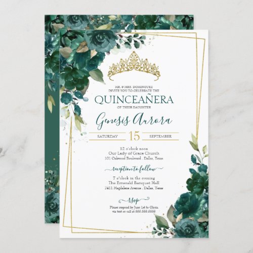 Quinceaera Emerald Green Floral Invitation