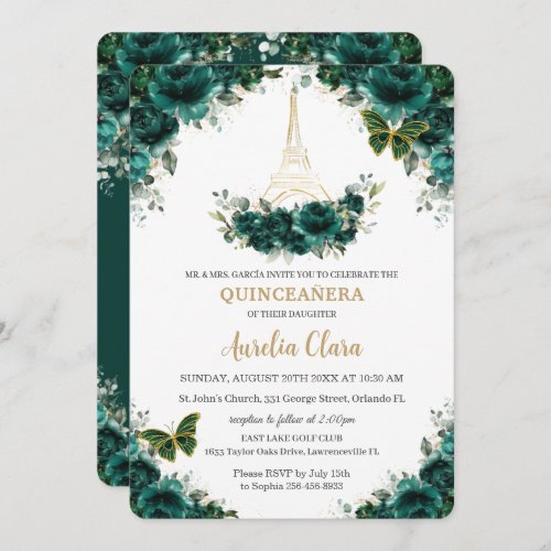 Quinceaera Emerald Green Floral Paris Butterflies Invitation