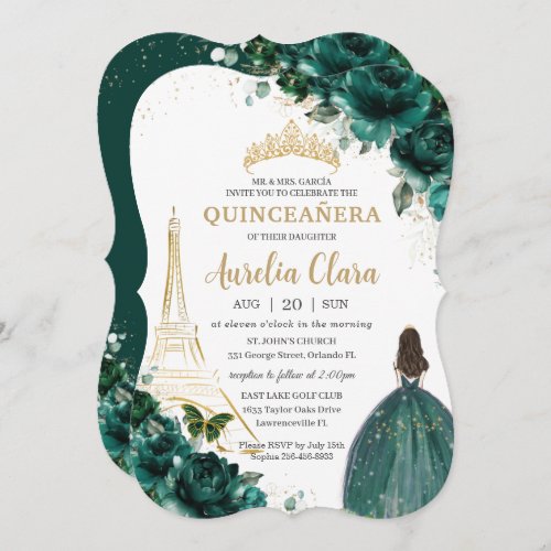 Quinceaera Emerald Green Floral Paris Gold Crown Invitation