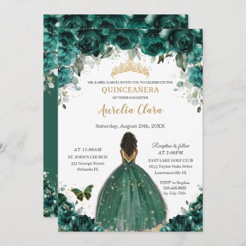 Quinceaera Emerald Green Floral Princess Crown Invitation