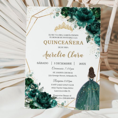 Quinceaera Emerald Green Floral Princess Espaol Invitation