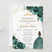 Quinceañera Emerald Green Floral Princess Español Invitation (Front)
