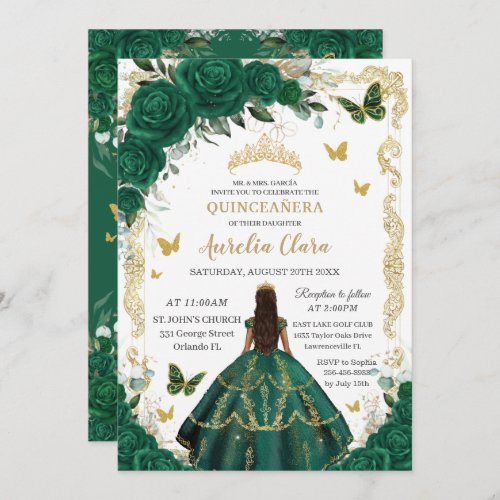 Quinceaera Emerald Green Floral Princess Gold Invitation