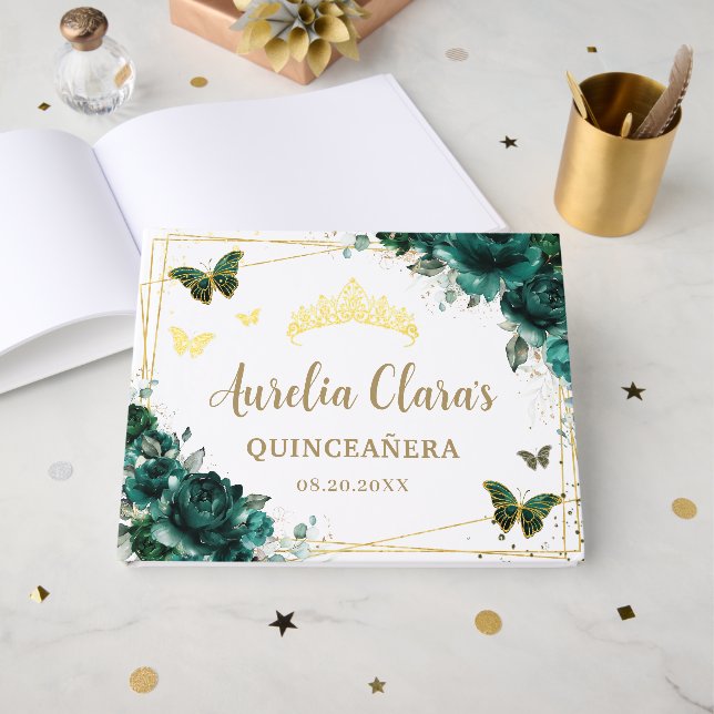 QUINCEAÑERA Emerald Green Floral Roses Butterflies Foil Guest Book (Front Open)