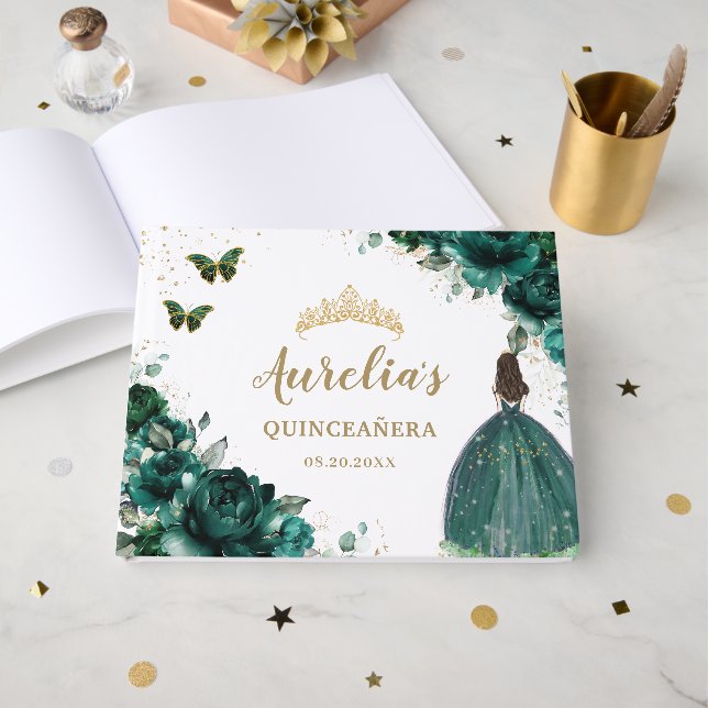 QUINCEAÑERA Emerald Green Floral Roses Princess  Guest Book (Front Open)