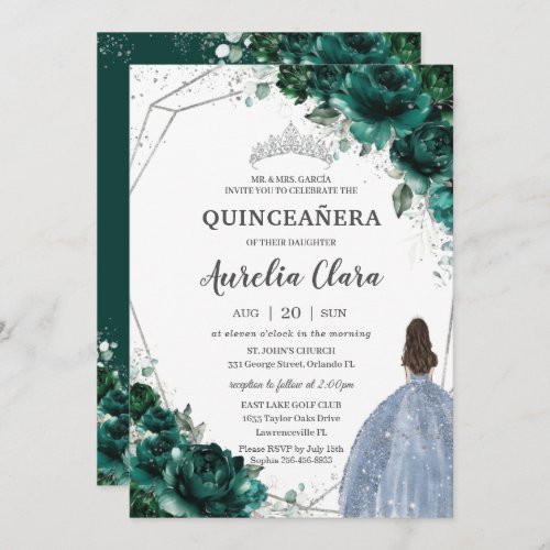Quinceaera Emerald Green Floral Silver Blue Dress Invitation