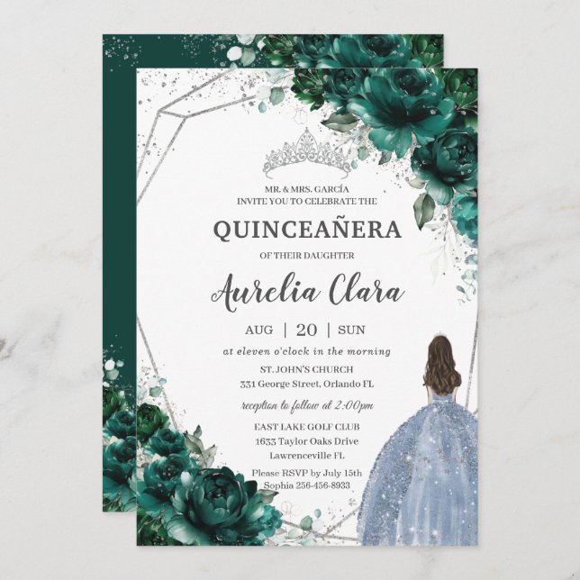 Quinceañera Emerald Green Floral Silver Blue Dress Invitation (Front/Back)