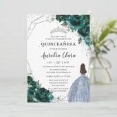 Quinceañera Emerald Green Floral Silver Blue Dress Invitation (Standing Front)