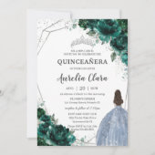 Quinceañera Emerald Green Floral Silver Blue Dress Invitation (Front)