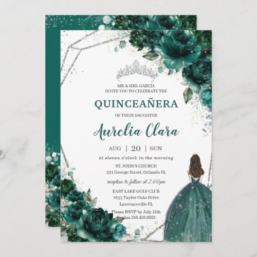 Quinceaera Emerald Green Floral Silver Princess  Invitation