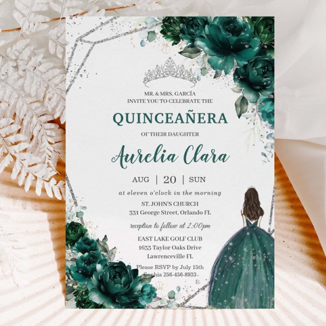 Quinceañera Emerald Green Floral Silver Princess  Invitation (Creator Uploaded)