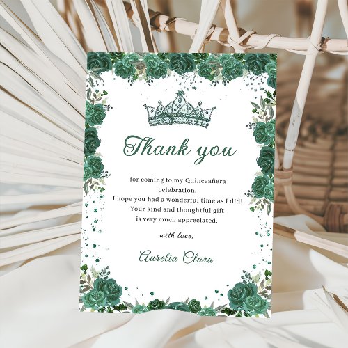 Quinceaera Emerald Green Floral Thank You Card