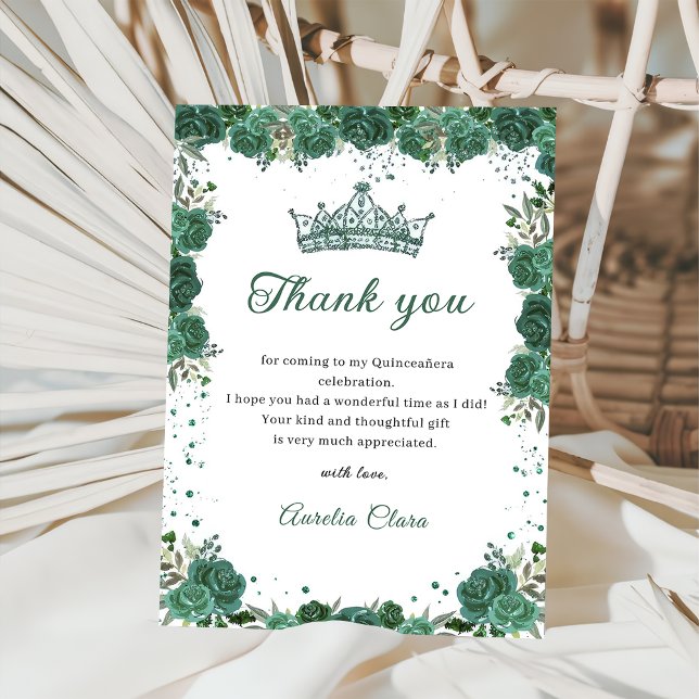 Quinceañera Emerald Green Floral Thank You Card (Creator Uploaded)