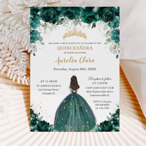 Quinceaera Emerald Green Floral Tiara Princess Invitation