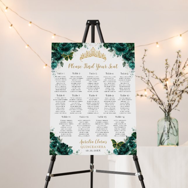 Quinceañera Emerald Green Floral XV Seating Chart Foam Board (In Situ (Stand))