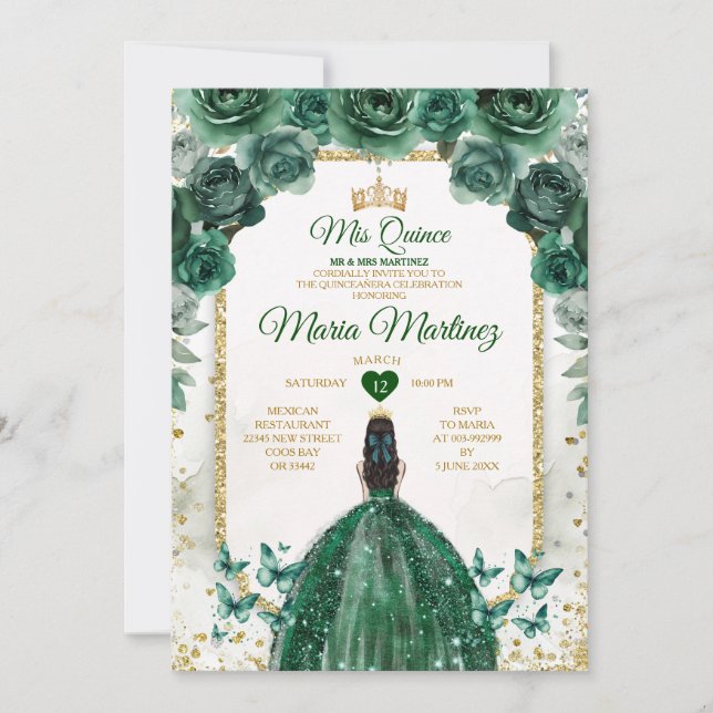 Quinceañera Emerald Green & Gold Crown Birthday Invitation (Front)