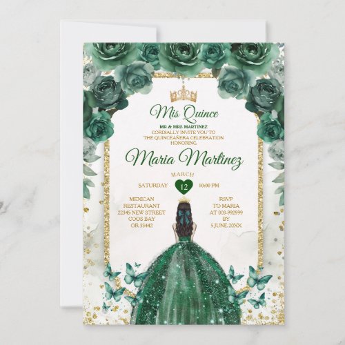 Quinceaera Emerald Green  Gold Crown Birthday Invitation