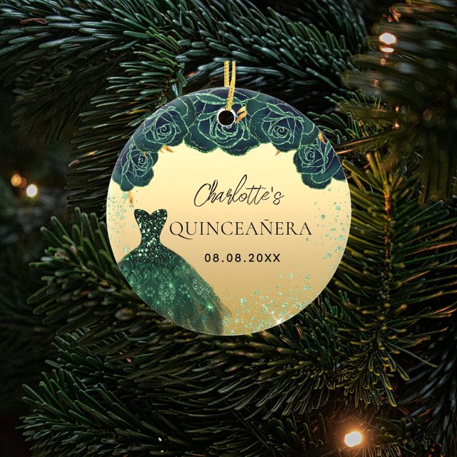 Quinceanera emerald green gold dress ceramic ornament (Creator Uploaded)