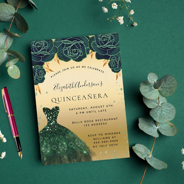 Quinceanera emerald green gold dress floral luxury invitation (Creator Uploaded)