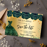 Quinceanera emerald green gold dress flowers save the date<br><div class="desc">A girly and trendy Save the Date card for a Quinceañera,  15th birthday party. A faux gold looking background decorated green roses,  confetti and a green dress. Personalize and add a date and name/age. The text: Save the Date is written with a large trendy hand lettered style script.</div>