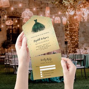Quinceanera emerald green gold dress glitter RSVP All In One Invitation