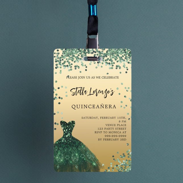 Quinceanera emerald green gold dress invitation badge (Creator Uploaded)