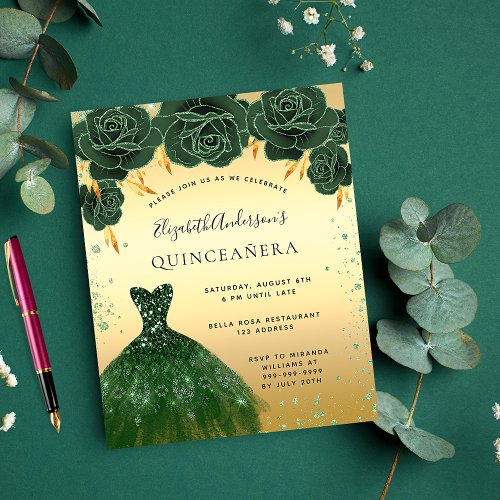 Quinceanera emerald green gold dress invitation postcard
