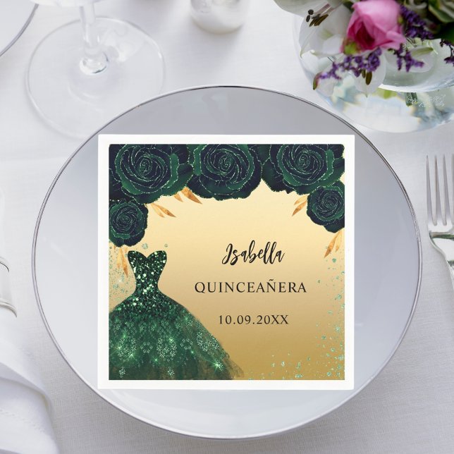 Quinceanera emerald green gold dress napkins (Creator Uploaded)