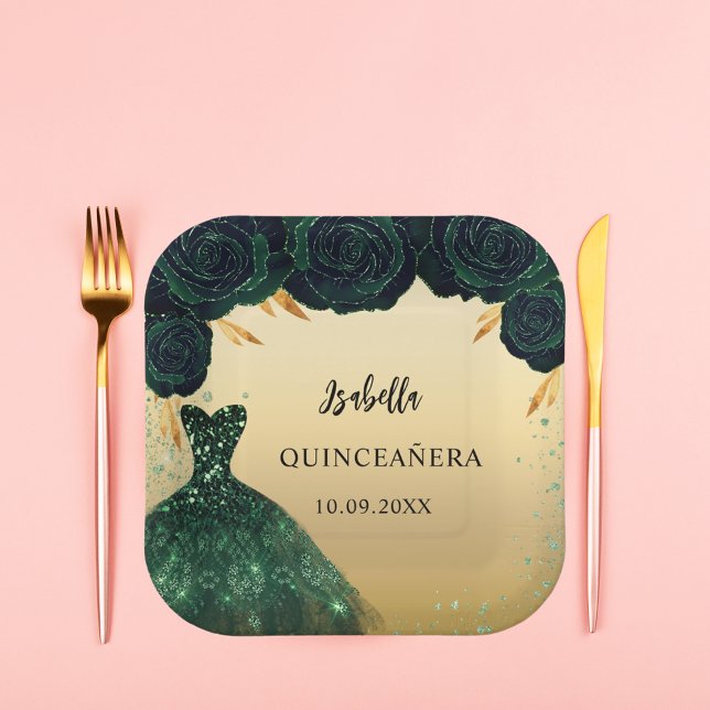 Quinceanera emerald green gold dress paper plates (Creator Uploaded)