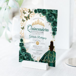 Quinceanera Emerald Green Gold Floral Acrylic Invitations