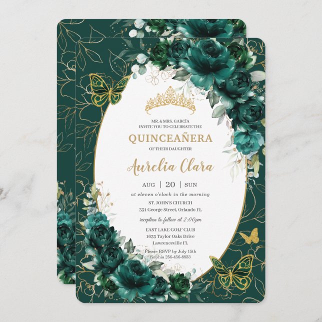 Quinceañera Emerald Green Gold Floral Butterflies Invitation (Front/Back)
