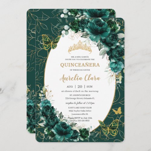 Quinceaera Emerald Green Gold Floral Butterflies Invitation