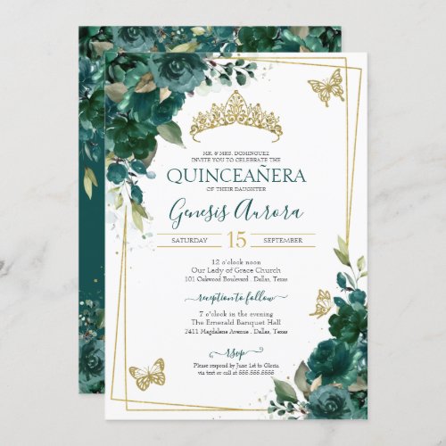 Quinceaera Emerald Green Gold Floral Butterfly Invitation