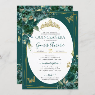 Quinceañera Emerald Green & Gold Floral Butterfly Invitation
