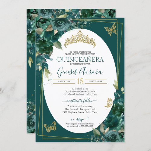 Quinceaera Emerald Green  Gold Floral Butterfly Invitation