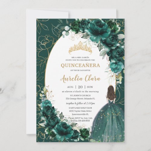 Quinceaera Emerald Green Gold Floral Princess Invitation