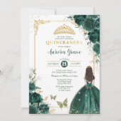 Quinceañera Emerald Green Gold Floral Princess Invitation (Front)