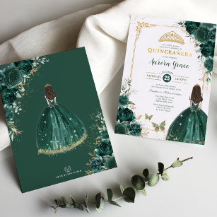 Quinceañera Emerald Green Gold Floral Princess Invitation