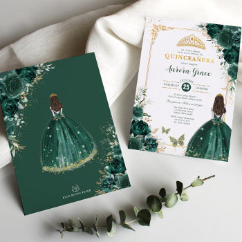 Quinceañera Emerald Green Gold Floral Princess Invitation by BlueBunnyStudio at Zazzle