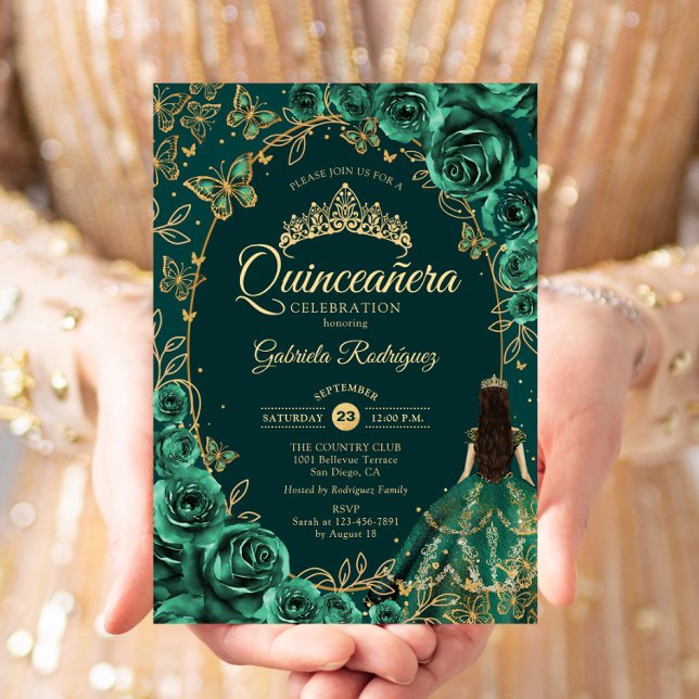Quinceanera Emerald Green Gold Invitation (Creator Uploaded)