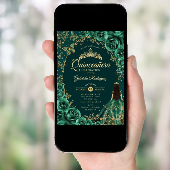 Quinceanera Emerald Green Gold Invitation (Front Digital)