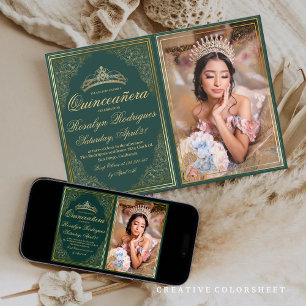 Quinceanera emerald green gold Princess Tiara Invitation
