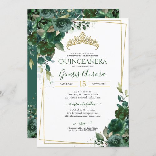 Quinceaera Emerald Green  Gold Watercolor Floral Invitation