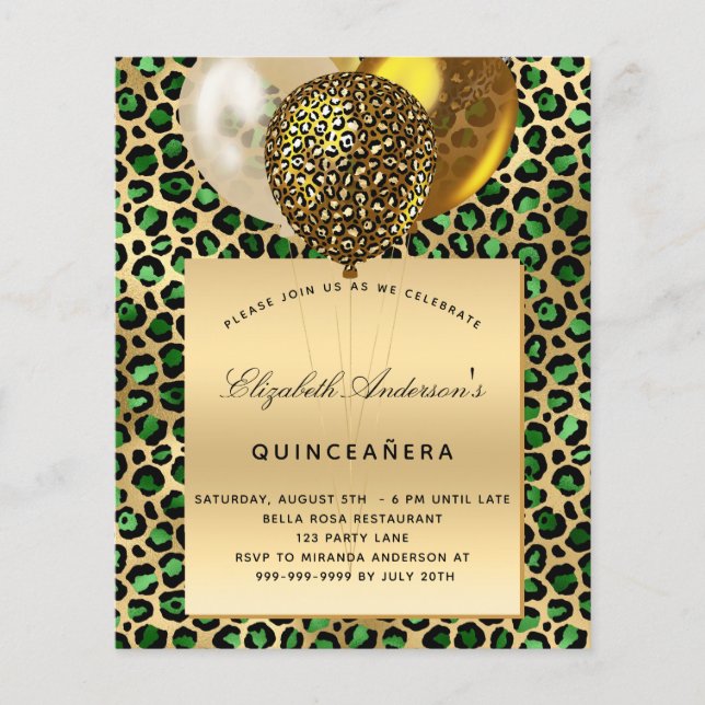 Quinceanera emerald green leopard balloon budget flyer (Front)