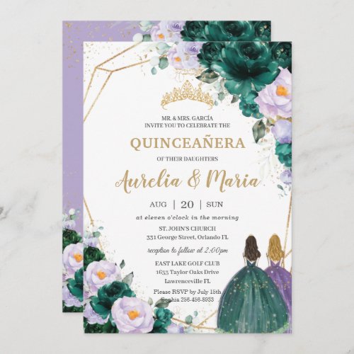 Quinceaera Emerald Green Lilac Floral Roses Twins Invitation
