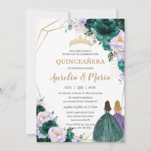 Quinceañera Emerald Green Lilac Floral Roses Twins Invitation | Zazzle