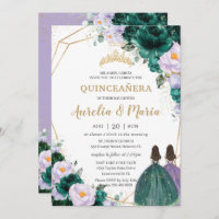 Quinceañera Emerald Green Lilac Floral Roses Twins Invitation