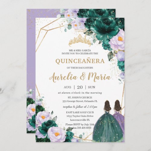 Quinceaera Emerald Green Lilac Floral Roses Twins Invitation