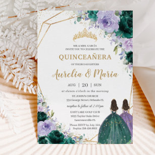 Quinceañera Emerald Green Lilac Floral Twins Invitation