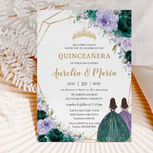 Quinceaera Emerald Green Lilac Floral Twins Invitation
